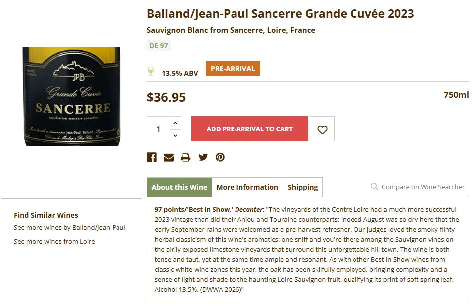 Domaine Jean-Paul Balland Sancerre Grande Cuvee blanc 2023